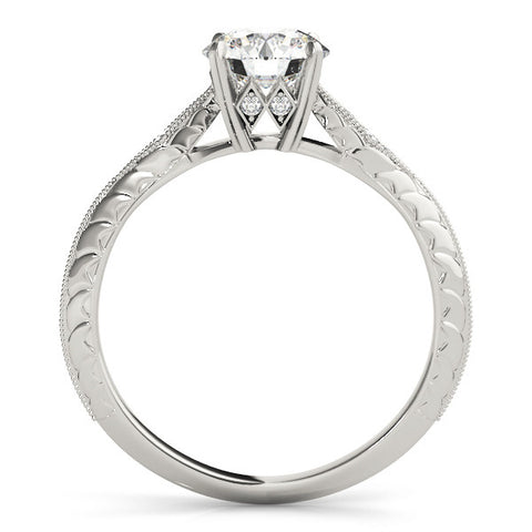 Silver Round Solitaire Diamond Ring with Milgrain Band and Four-Prong Setting