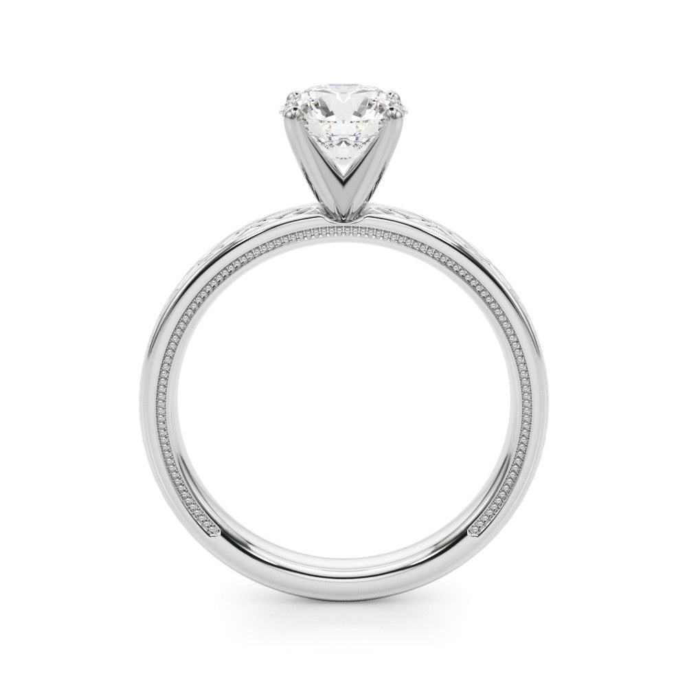 Silver Round Solitaire Diamond Ring with Milgrain and Black Enamel X Pattern Band 1