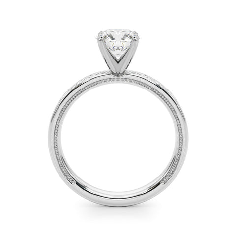 Silver Round Solitaire Diamond Ring with Milgrain and Black Enamel X Pattern Band 1