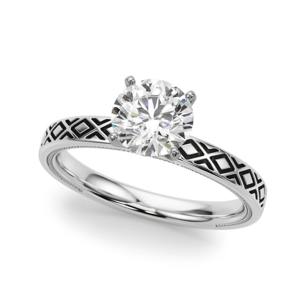 Silver Round Solitaire Diamond Ring with Milgrain and Black Enamel X Pattern Band 2