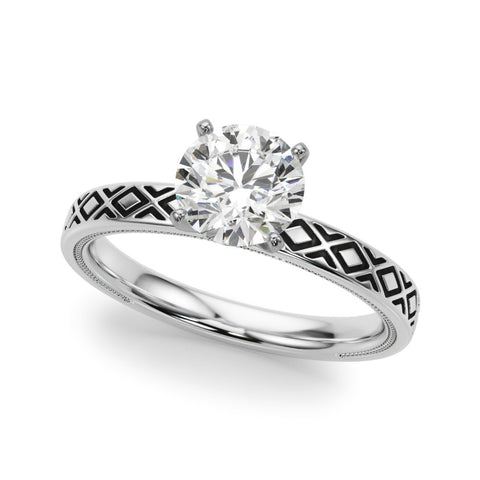 Silver Round Solitaire Diamond Ring with Milgrain and Black Enamel X Pattern Band 2