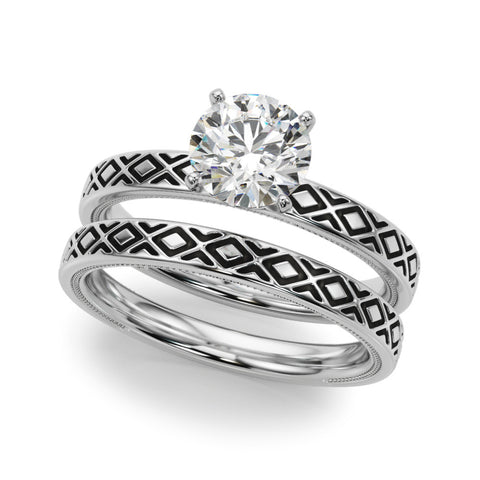 Silver Round Solitaire Diamond Ring with Milgrain and Black Enamel X Pattern Band
