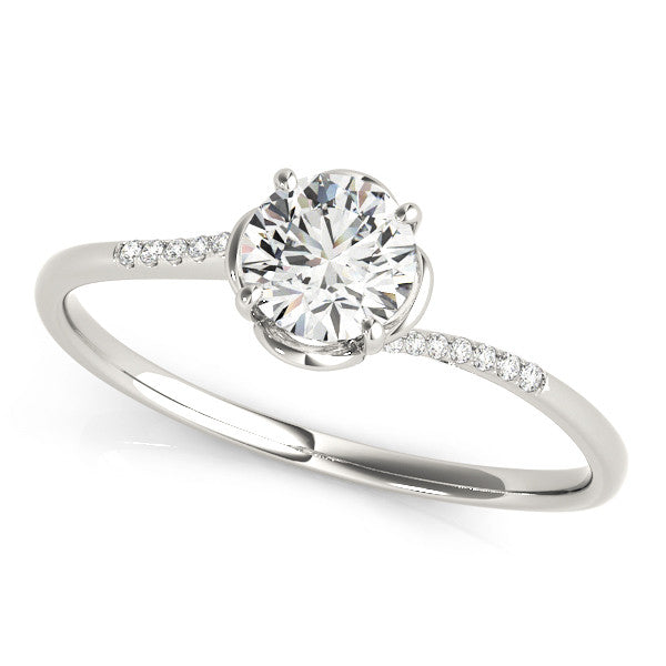 White gold Round Diamond Solitaire Ring with Pavé Accent Band and Four-Prong Setting