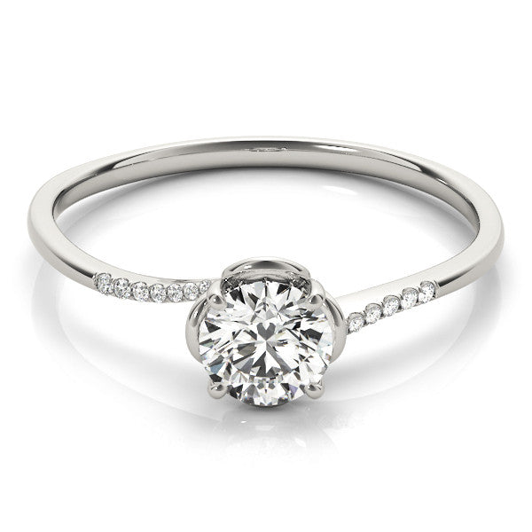 White gold Round Diamond Solitaire Ring with Pavé Accent Band and Four-Prong Setting