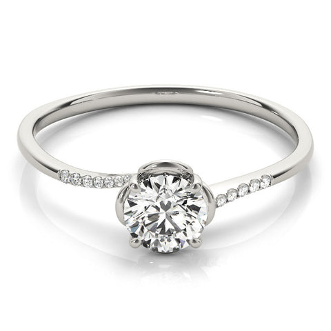 Silver Round Solitaire Diamond Ring with Pave Band and Four-Prong Setting 2
