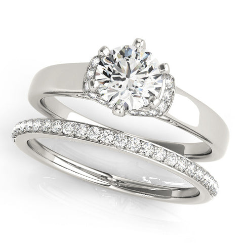 Silver Round Solitaire Diamond Ring with Pave Band and Six-Prong Setting