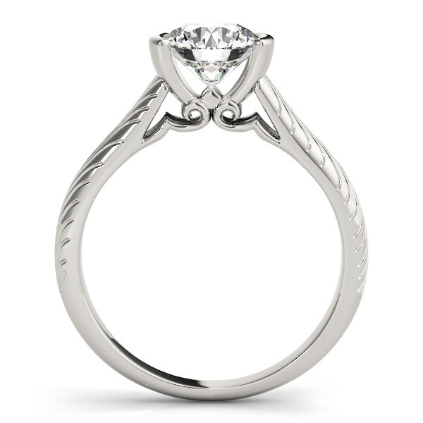 Silver Round Solitaire Diamond Ring with Textured Band and Tension Prong Setting