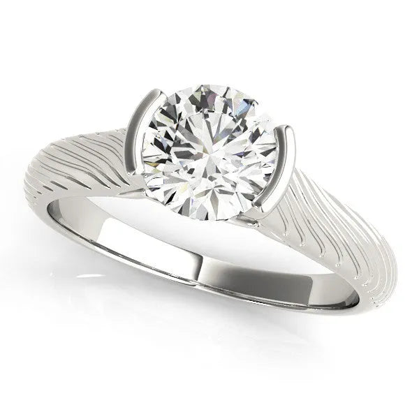 Silver Round Solitaire Diamond Ring with Textured Band and Tension Prong Setting