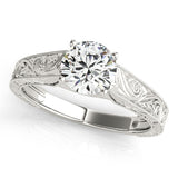 Silver Round Solitaire Diamond with Engraved Band and Four-Prong Setting 2
