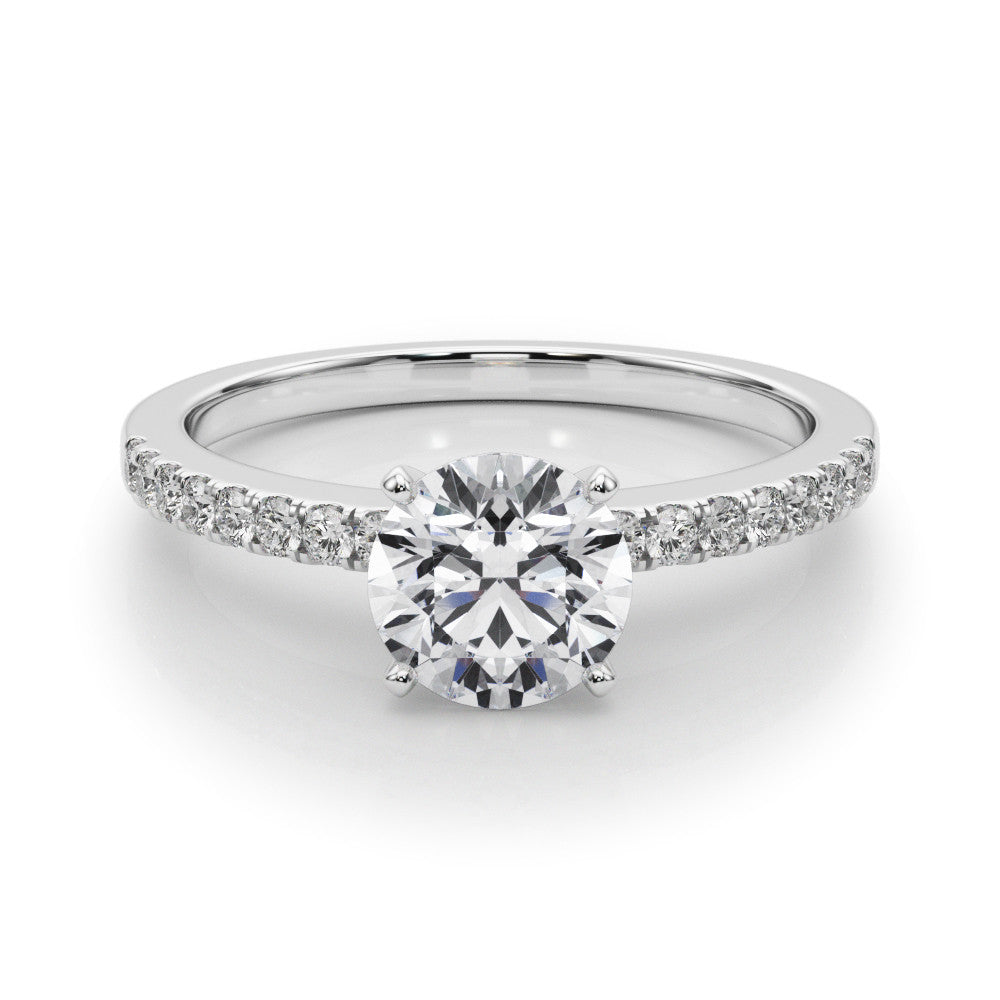 Silver Round Solitaire Diamond with Pavé Band and Four-Prong Setting