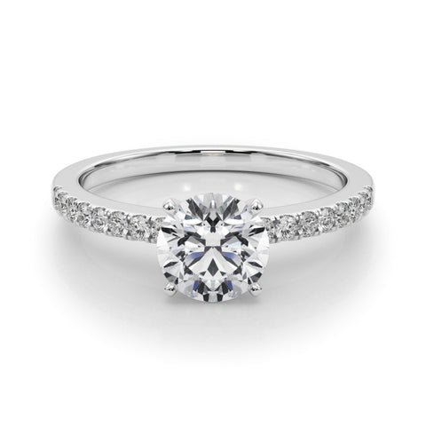 Silver Round Solitaire Diamond with Pavé Band and Four-Prong Setting