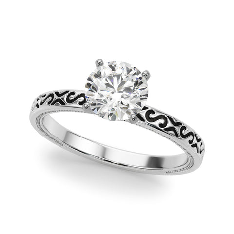 Silver Round Solitaire Engagement Ring with Scrollwork Band and Four-Prong Setting 2