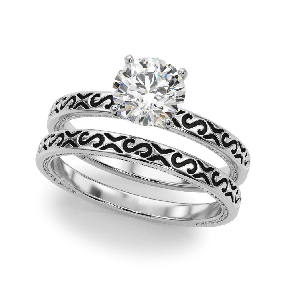 Silver Round Solitaire Engagement Ring with Scrollwork Band and Four-Prong Setting