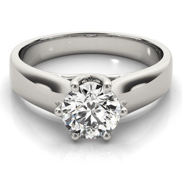 Silver Round Solitaire Engagement Ring with Six-Prong Setting and Comfort Fit Band