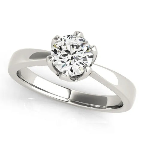 Silver Round Solitaire Engagement Ring with Six-Prong Setting and Tapered Band