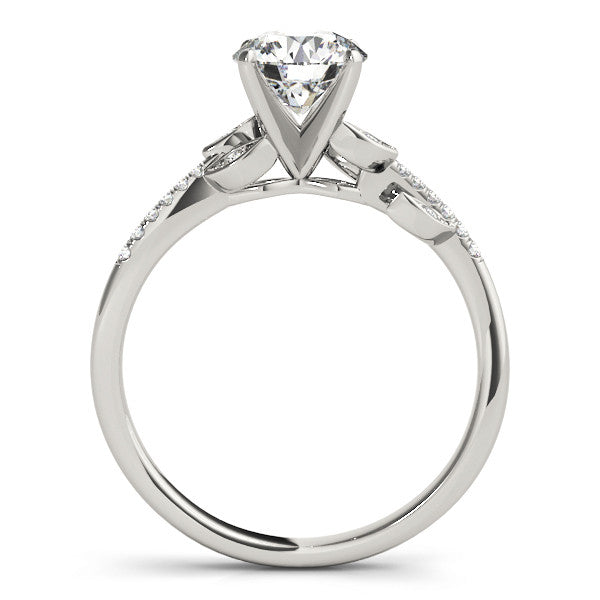 Silver Round Solitaire Leaf-Inspired Diamond Ring with Pavé Band and Four-Prong Setting 1