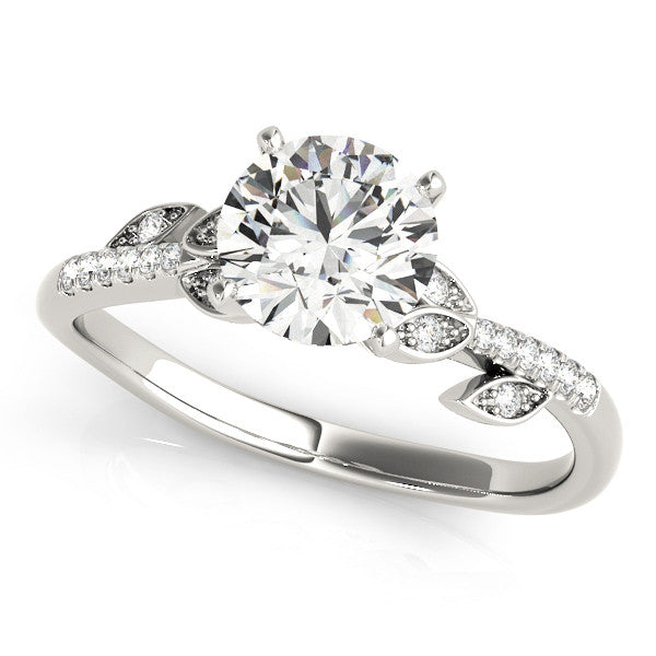 Silver Round Solitaire Leaf-Inspired Diamond Ring with Pavé Band and Four-Prong Setting 2