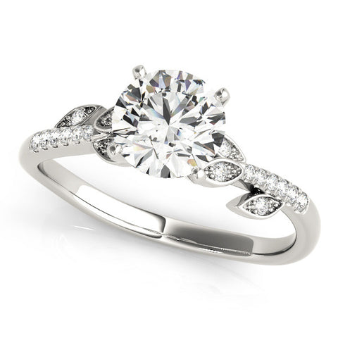 Silver Round Solitaire Leaf-Inspired Diamond Ring with Pavé Band and Four-Prong Setting 2