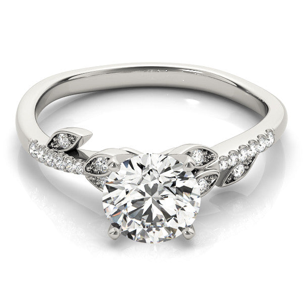 Silver Round Solitaire Leaf-Inspired Diamond Ring with Pavé Band and Four-Prong Setting