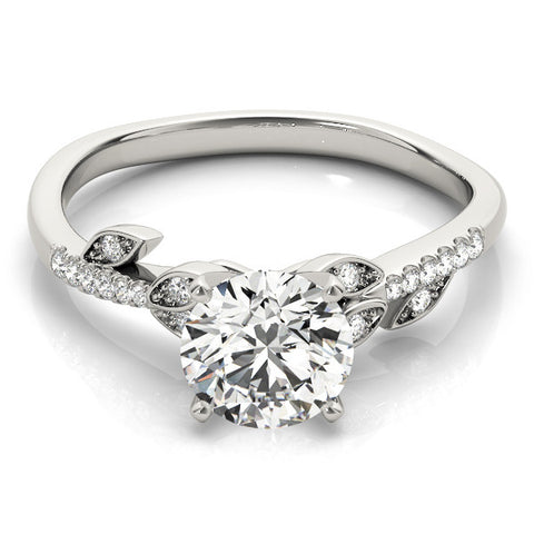 Silver Round Solitaire Leaf-Inspired Diamond Ring with Pavé Band and Four-Prong Setting