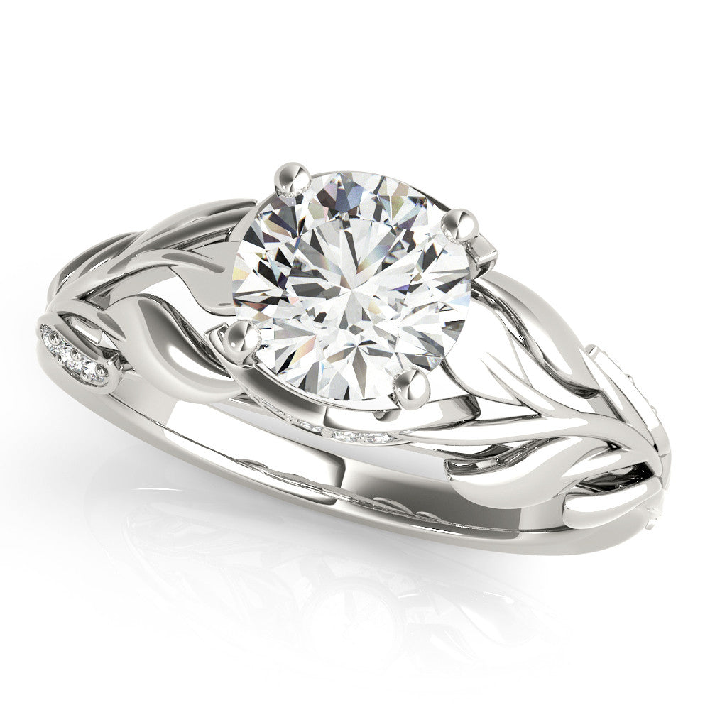 Silver Round Solitaire Leaf-Inspired Engagement Ring with Prong Setting 1