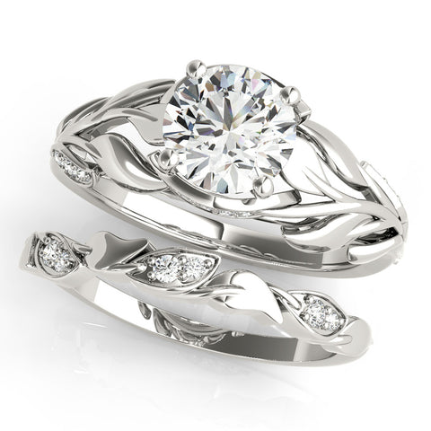 Silver Round Solitaire Leaf-Inspired Engagement Ring with Prong Setting 2