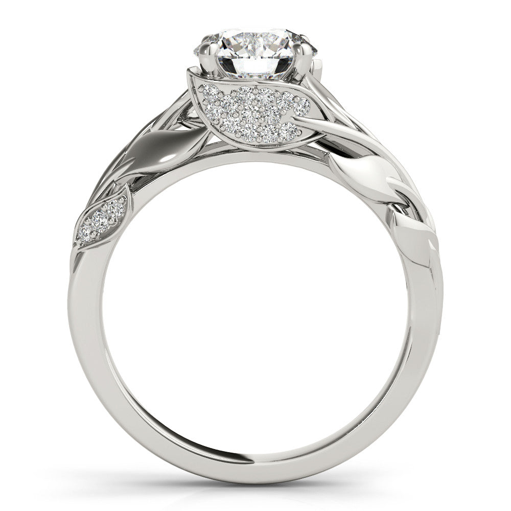Silver Round Solitaire Leaf-Inspired Engagement Ring with Prong Setting
