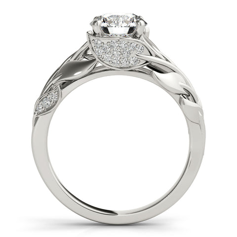 Silver Round Solitaire Leaf-Inspired Engagement Ring with Prong Setting
