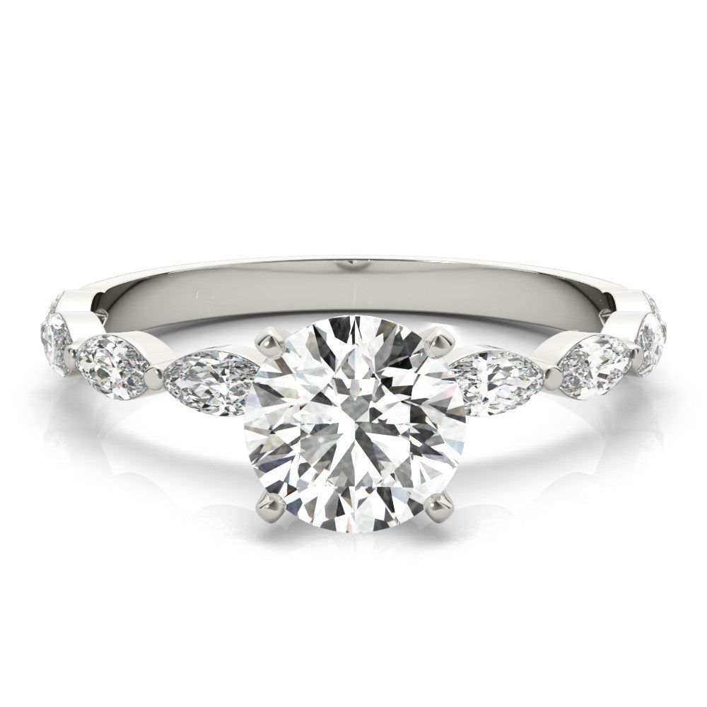 Silver Round Solitaire Marquise Side Stone Prong Setting Ring