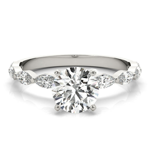 Silver Round Solitaire Marquise Side Stone Prong Setting Ring