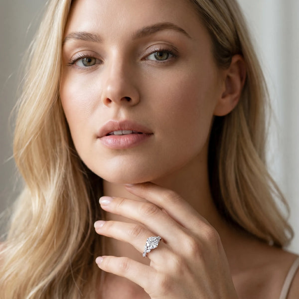 White Gold Round Floral Engagement Ring Setting with Marquise Side Stones