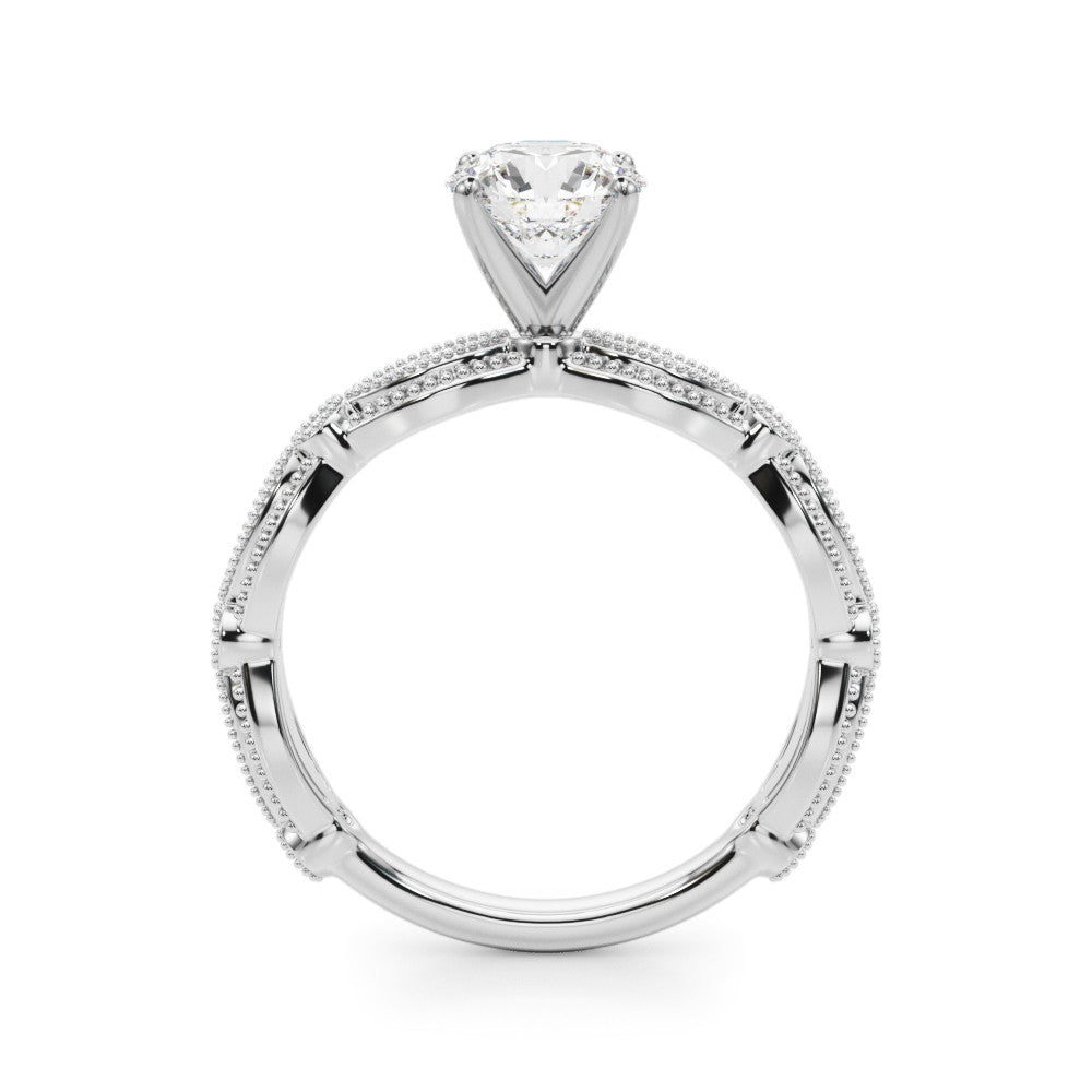 Silver Round Solitaire Milgrain Diamond Engagement Ring with Bezel and Marquise Band 1