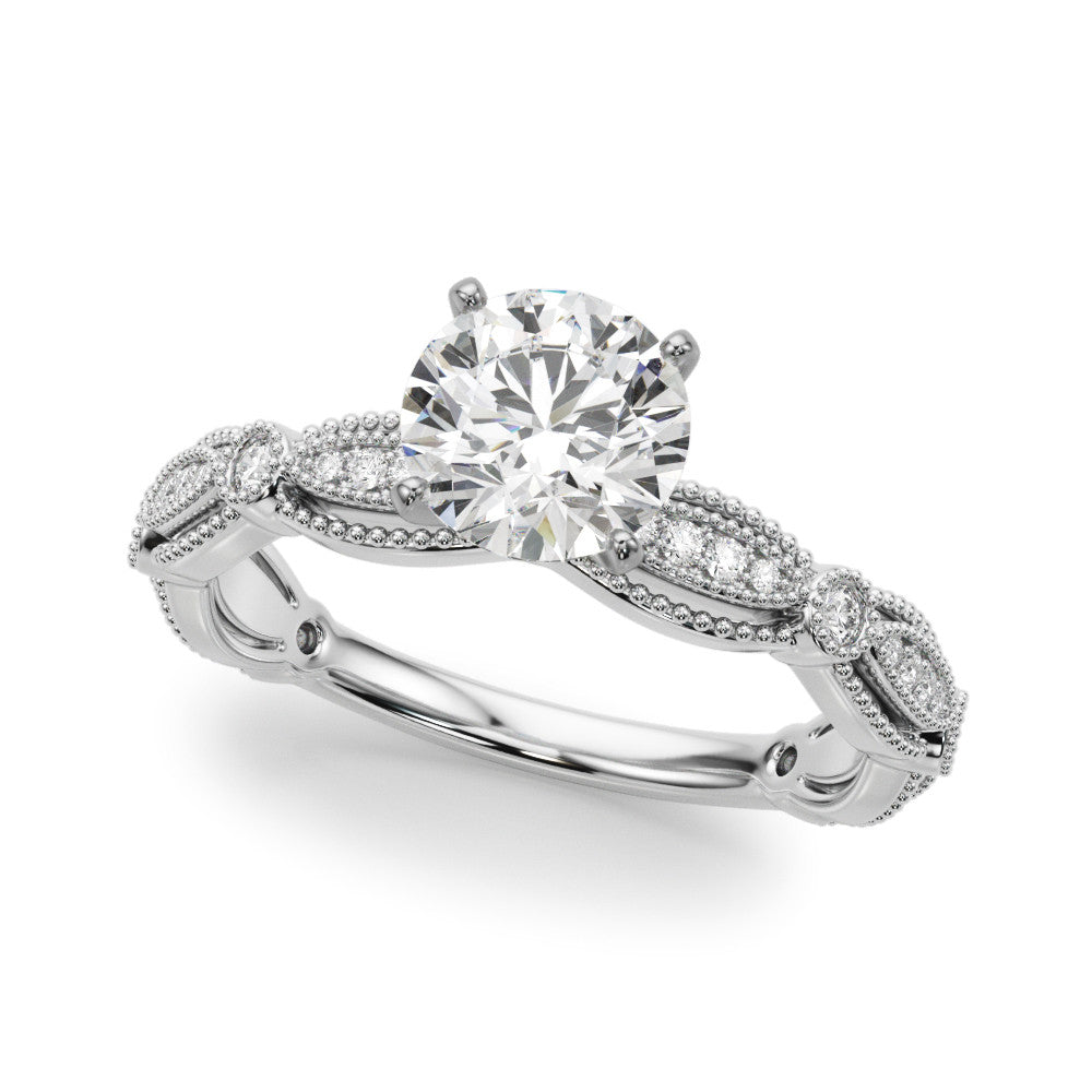 Silver Round Solitaire Milgrain Diamond Engagement Ring with Bezel and Marquise Band 2
