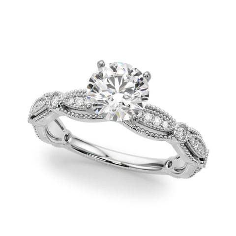 Silver Round Solitaire Milgrain Diamond Engagement Ring with Bezel and Marquise Band 2