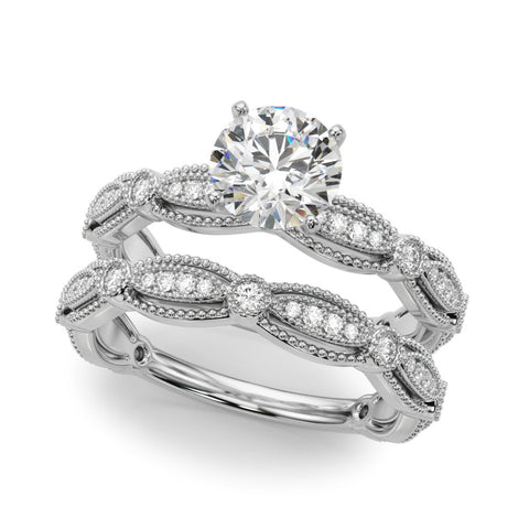 Silver Round Solitaire Milgrain Diamond Engagement Ring with Bezel and Marquise Band