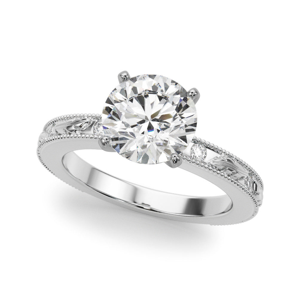 Silver Round Solitaire Milgrain Engagement Ring with Filigree Band and Four-Prong Setting 1