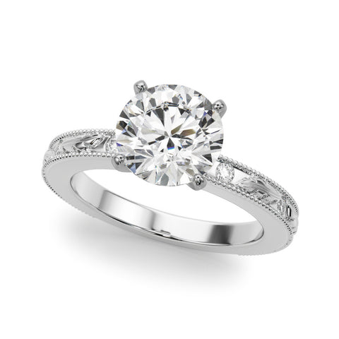Silver Round Solitaire Milgrain Engagement Ring with Filigree Band and Four-Prong Setting 1