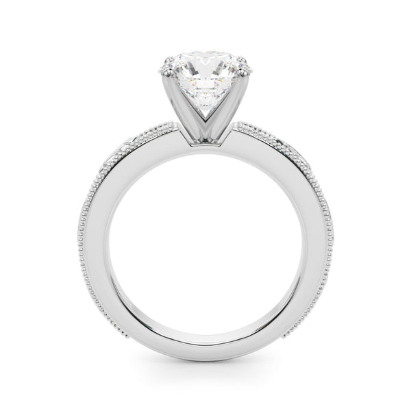 White gold Round Solitaire Milgrain Engagement Ring with Filigree Band and Four-Prong Setting