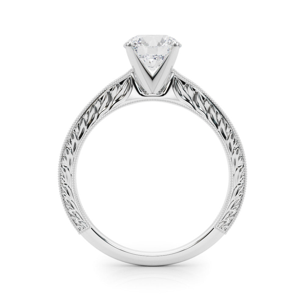 Silver Round Solitaire Milgrain Engraved Band with Four-Prong Setting 1