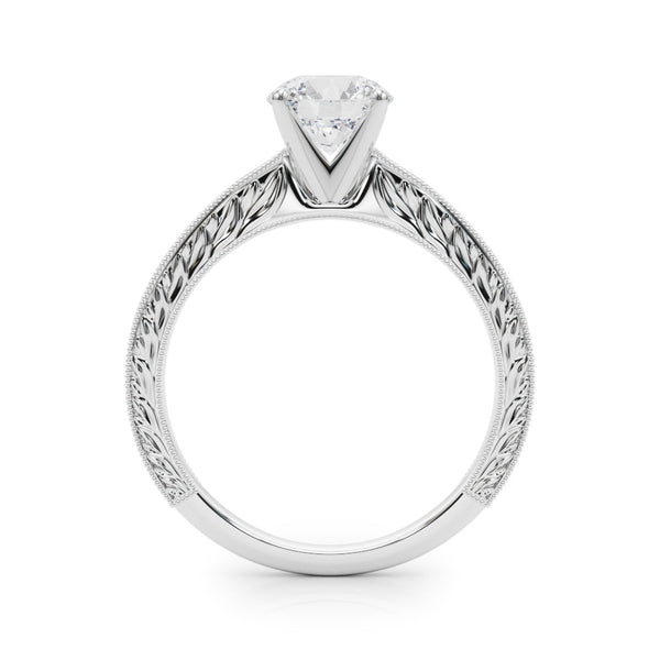 White gold Round Solitaire Milgrain Engraved Band with Four-Prong Setting