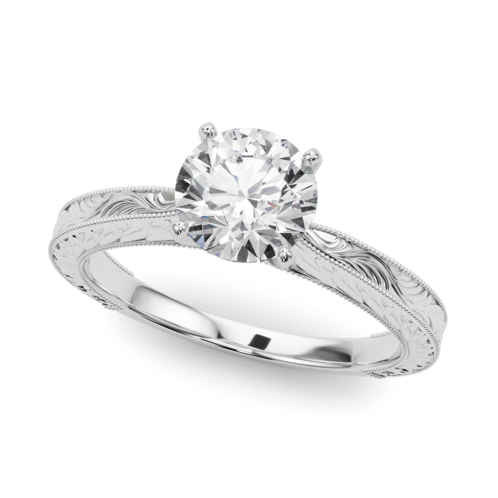 Silver Round Solitaire Milgrain Engraved Band with Four-Prong Setting 2