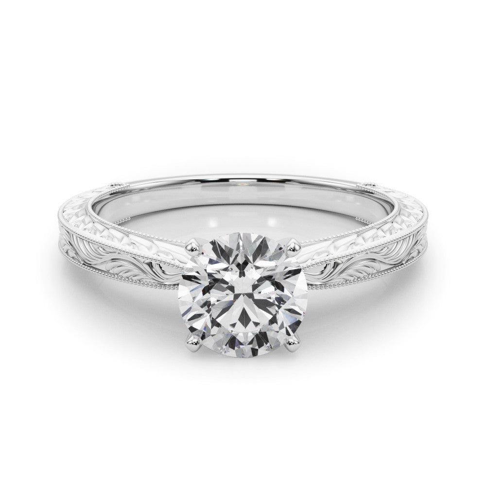 Silver Round Solitaire Milgrain Engraved Band with Four-Prong Setting