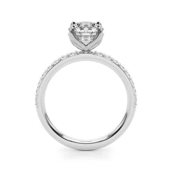 14K White Gold 3.05 Carat F VS1 Round Solitaire Pavé Diamond Engagement Ring with Four-Prong Setting