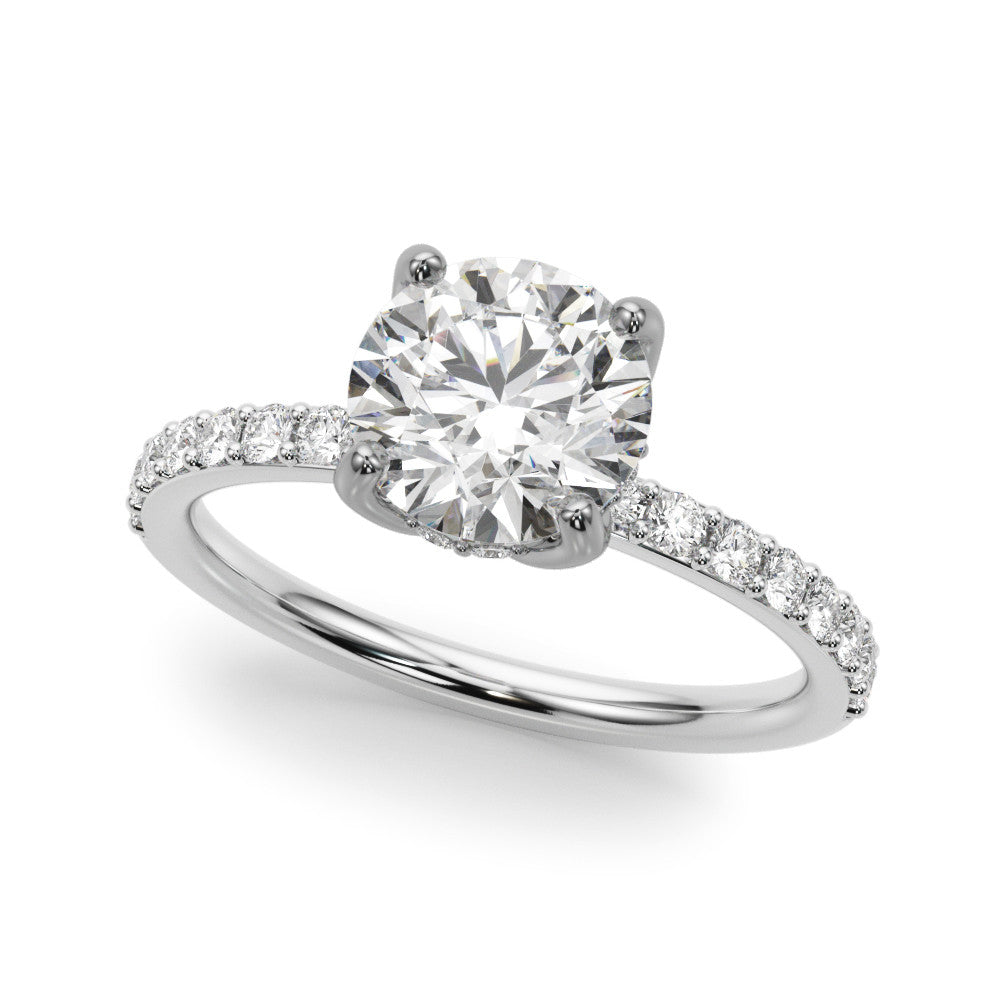 14K White Gold 3.05 Carat F VS1 Round Solitaire Pavé Diamond Engagement Ring with Four-Prong Setting
