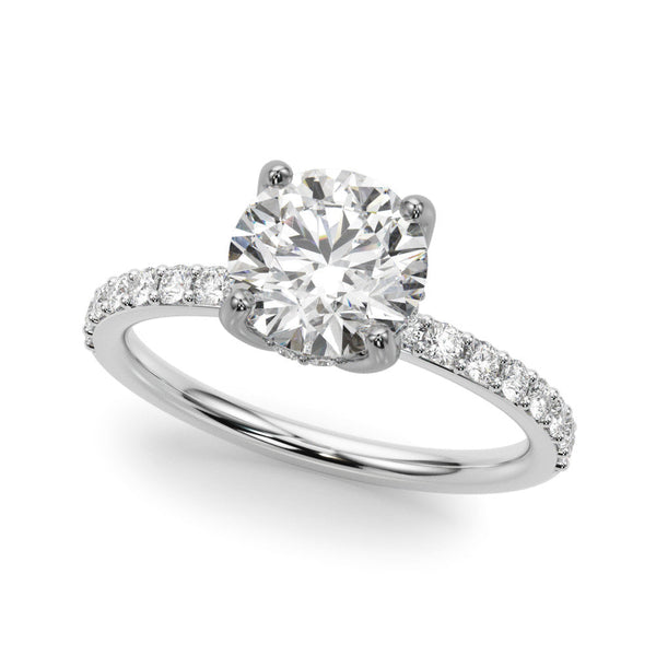 14K White Gold 3.05 Carat F VS1 Round Solitaire Pavé Diamond Engagement Ring with Four-Prong Setting