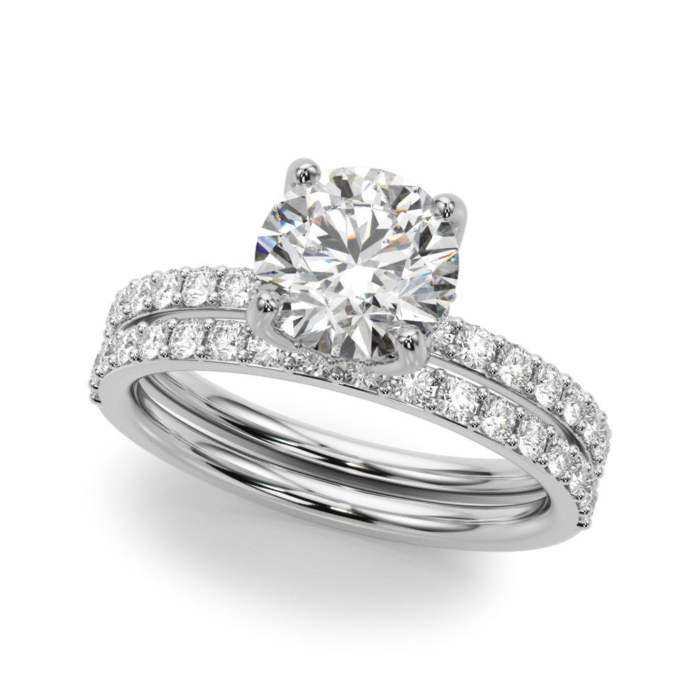 Silver Round Solitaire Pavé Diamond Engagement Ring with Four-Prong Setting