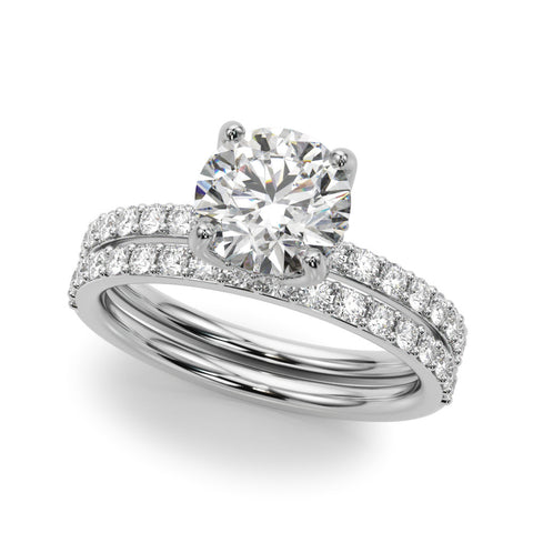 Silver Round Solitaire Pavé Diamond Engagement Ring with Four-Prong Setting
