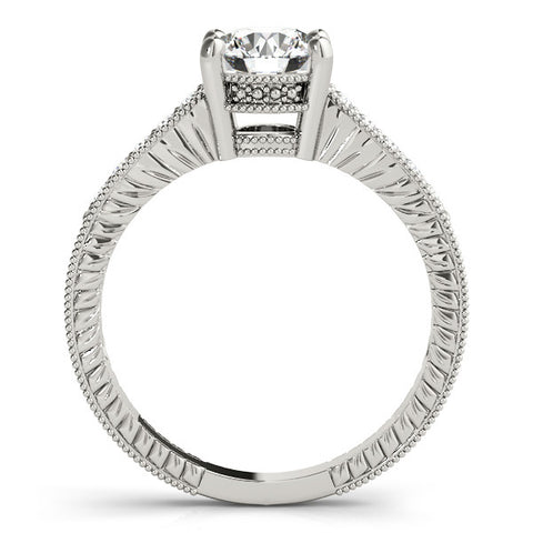 Silver Round Solitaire Pavé Diamond Milgrain Engagement Ring with Four-Prong Setting 1