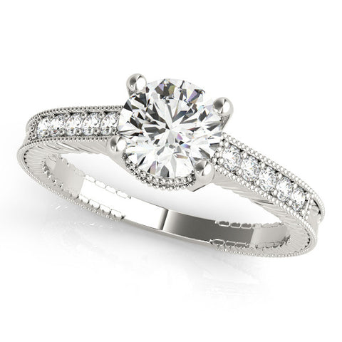 Silver Round Solitaire Pavé Diamond Milgrain Engagement Ring with Four-Prong Setting 2