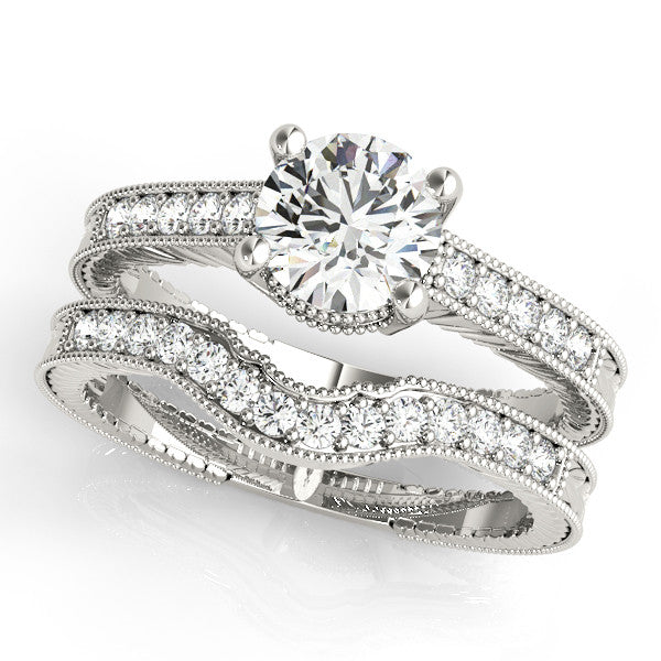 Silver Round Solitaire Pavé Diamond Milgrain Engagement Ring with Four-Prong Setting